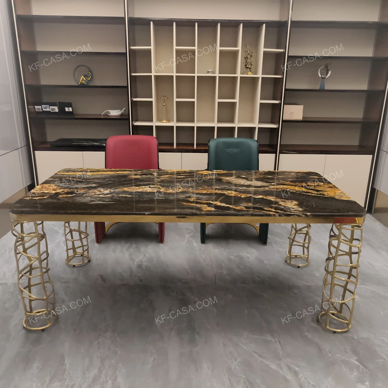 Branching Gold Leg Dining Table with Dark Gold-Veined Marble Top